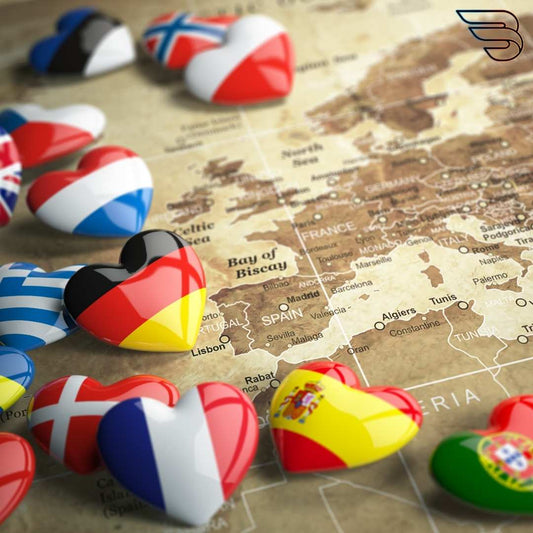 Map of Europe with various hearts showing country flags